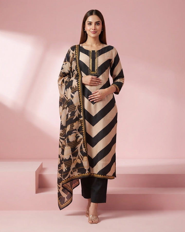Monochrome "Chevron" Striped Kurta, Pant &amp; Floral Print Dupatta Ensemble