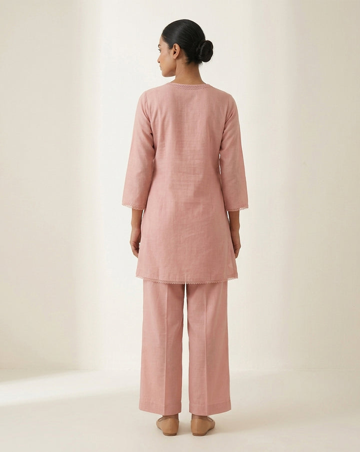 Dusty Rose "Botanical" Embroidered Cotton Kurta &amp; Pant Set