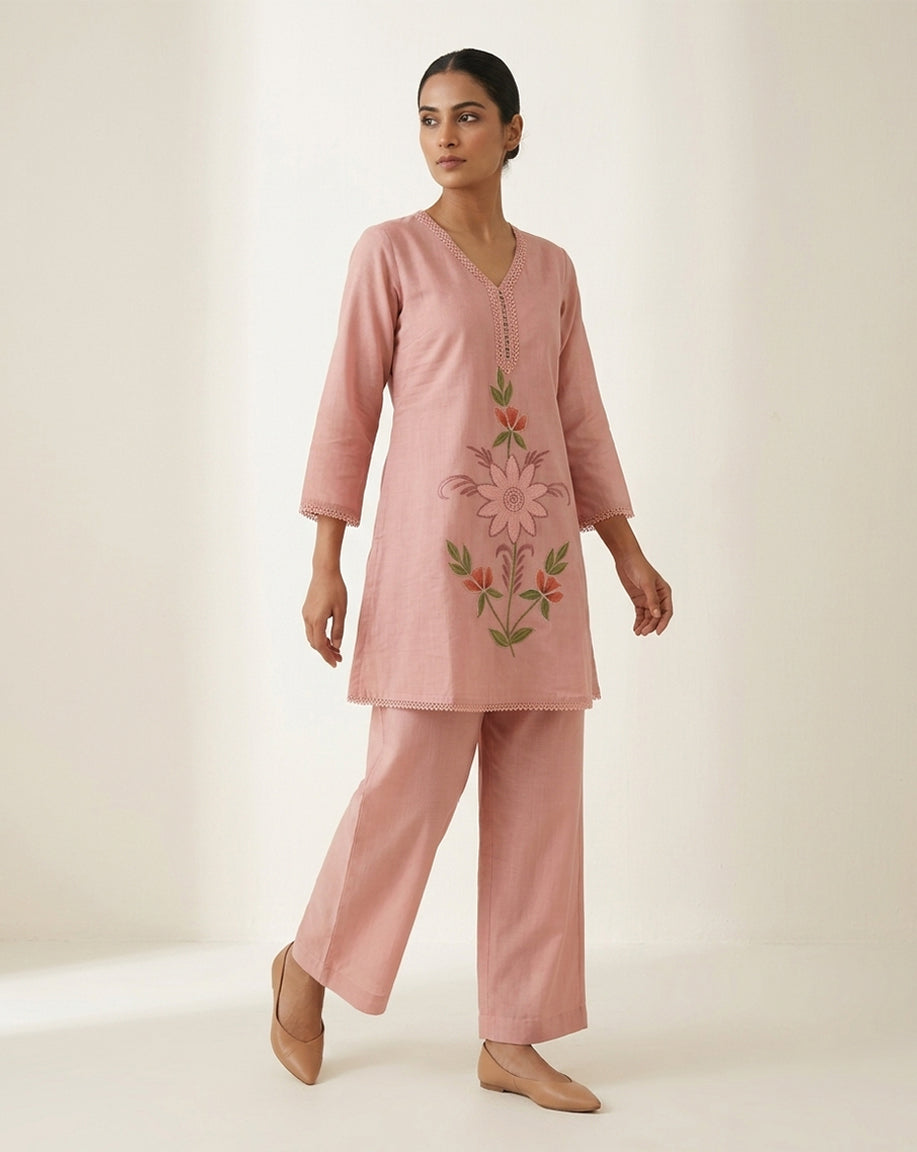 Dusty Rose "Botanical" Embroidered Cotton Kurta &amp; Pant Set