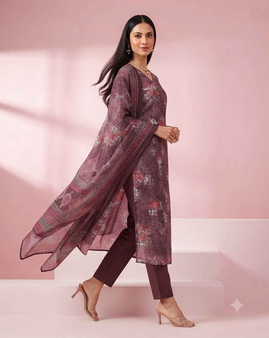 Mulberry "Botanical" Floral Print Chanderi Kurta, Pant &amp; Dupatta Set