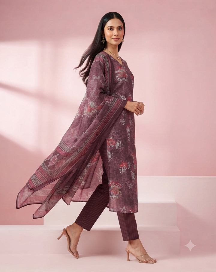 Mulberry "Botanical" Floral Print Chanderi Kurta, Pant &amp; Dupatta Set
