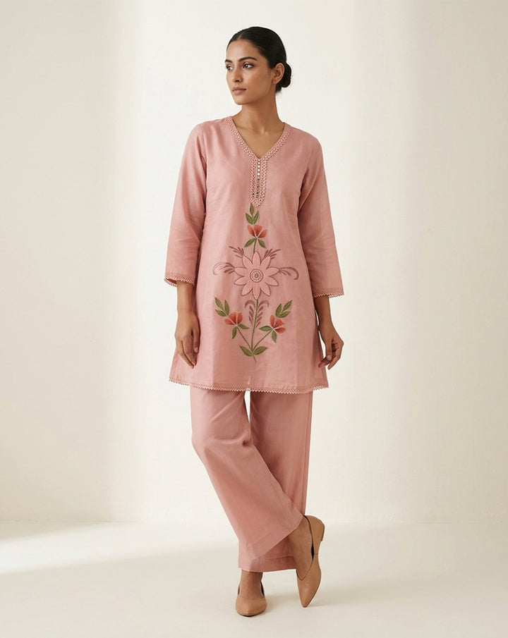 Dusty Rose "Botanical" Embroidered Cotton Kurta &amp; Pant Set