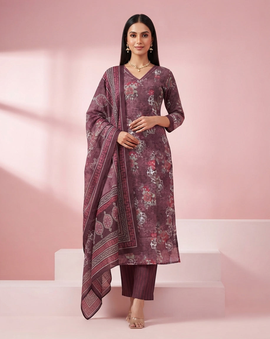 Mulberry "Botanical" Floral Print Chanderi Kurta, Pant &amp; Dupatta Set
