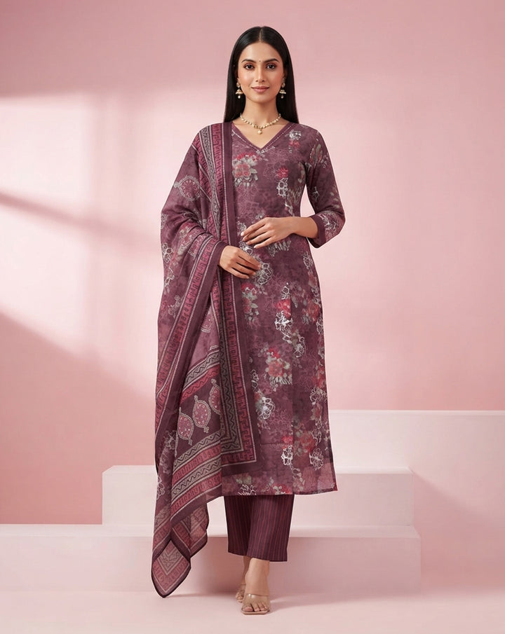 Mulberry "Botanical" Floral Print Chanderi Kurta, Pant &amp; Dupatta Set