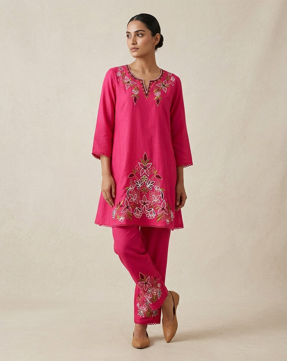 Fuchsia Pink "Botanical" Embroidered Cotton Kurta &amp; Pant Set