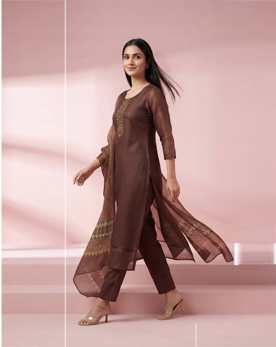 Deep Brown "Heritage" Embroidered Chanderi Kurta, Pant &amp; Bandhani Print Dupatta Set