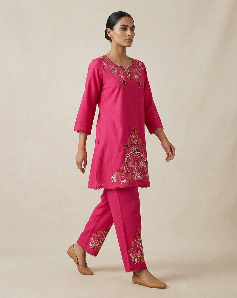 Fuchsia Pink "Botanical" Embroidered Cotton Kurta &amp; Pant Set