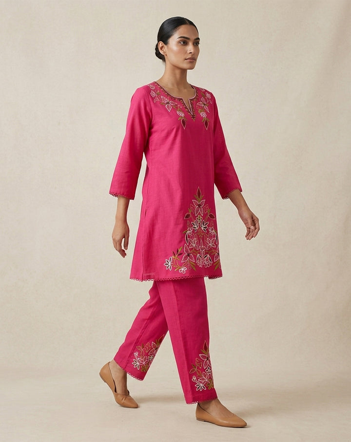 Fuchsia Pink "Botanical" Embroidered Cotton Kurta &amp; Pant Set