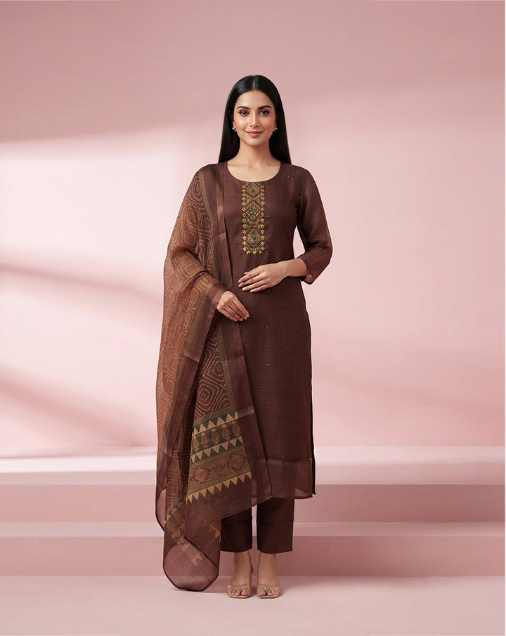Deep Brown "Heritage" Embroidered Chanderi Kurta, Pant &amp; Bandhani Print Dupatta Set