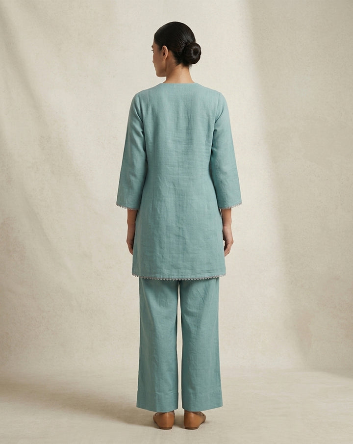 Teal Blue "Botanical" Embroidered Cotton Kurta &amp; Pant Set