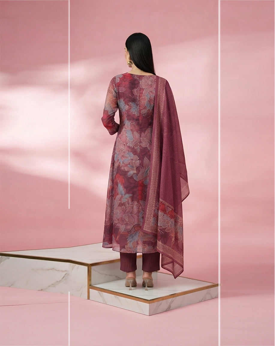 Wine "Botanical" Floral Print Chanderi Kurta, Pant &amp; Dupatta Set