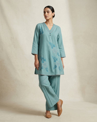 Teal Blue "Botanical" Embroidered Cotton Kurta & Pant Set