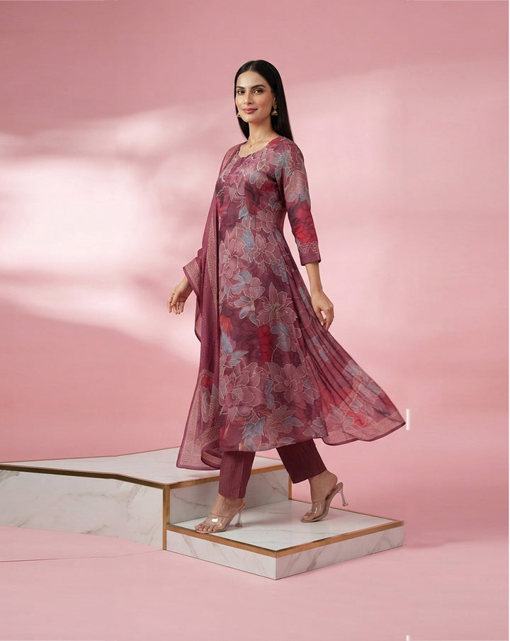 Wine "Botanical" Floral Print Chanderi Kurta, Pant &amp; Dupatta Set