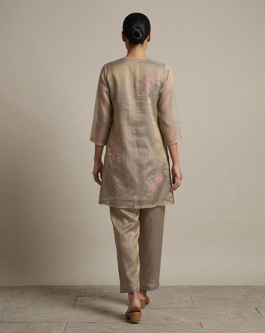 Grey-Brown "Aura" Embroidered Chanderi Kurta &amp; Pant Set