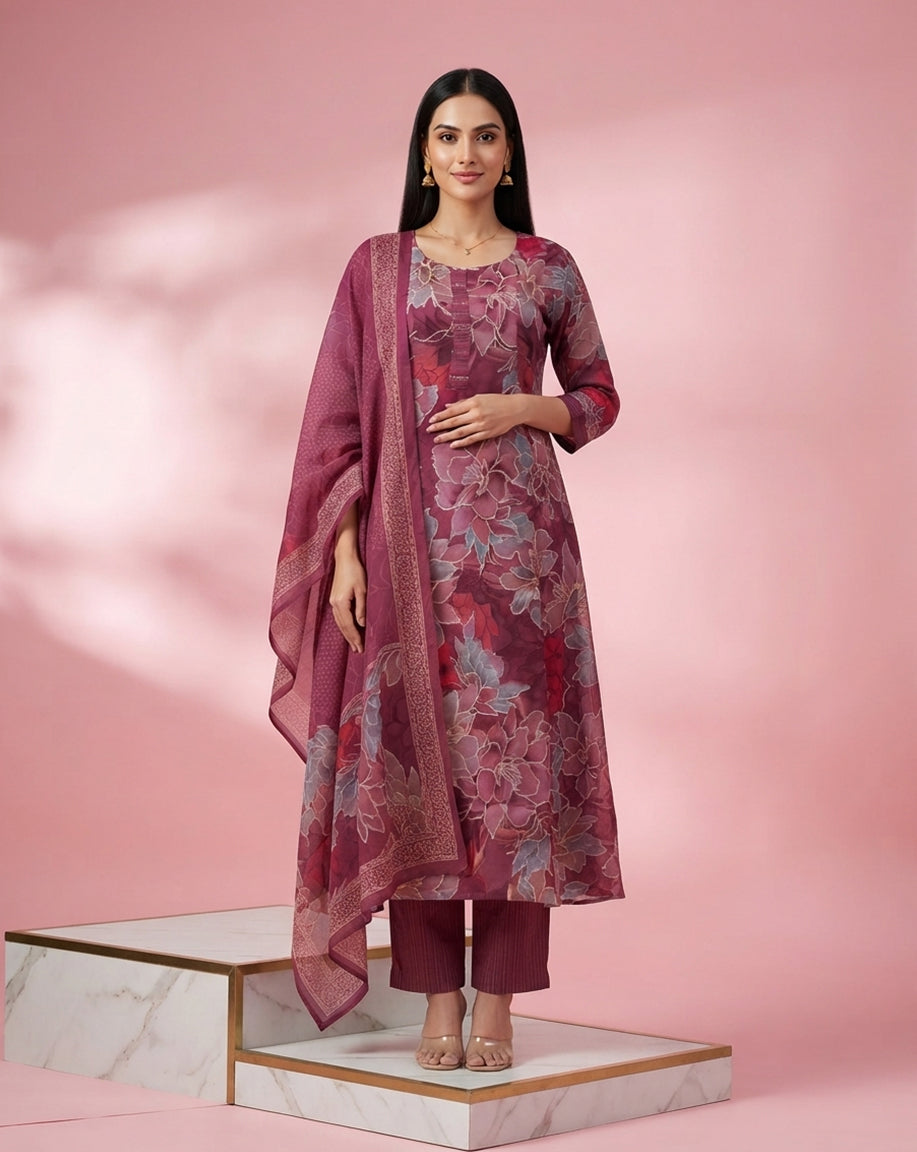 Wine "Botanical" Floral Print Chanderi Kurta, Pant &amp; Dupatta Set