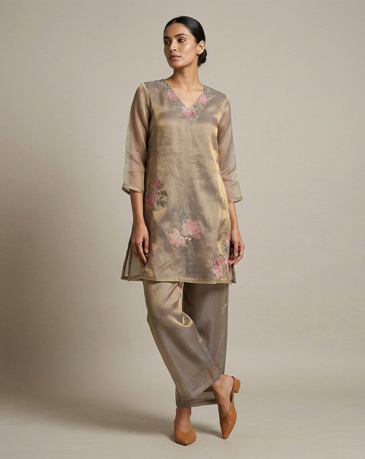 Grey-Brown "Aura" Embroidered Chanderi Kurta &amp; Pant Set