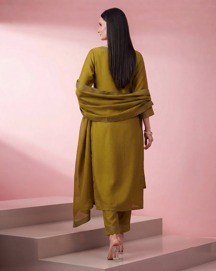 Olive Green "Heritage" Embroidered Chanderi Kurta, Pant &amp; Dupatta Set