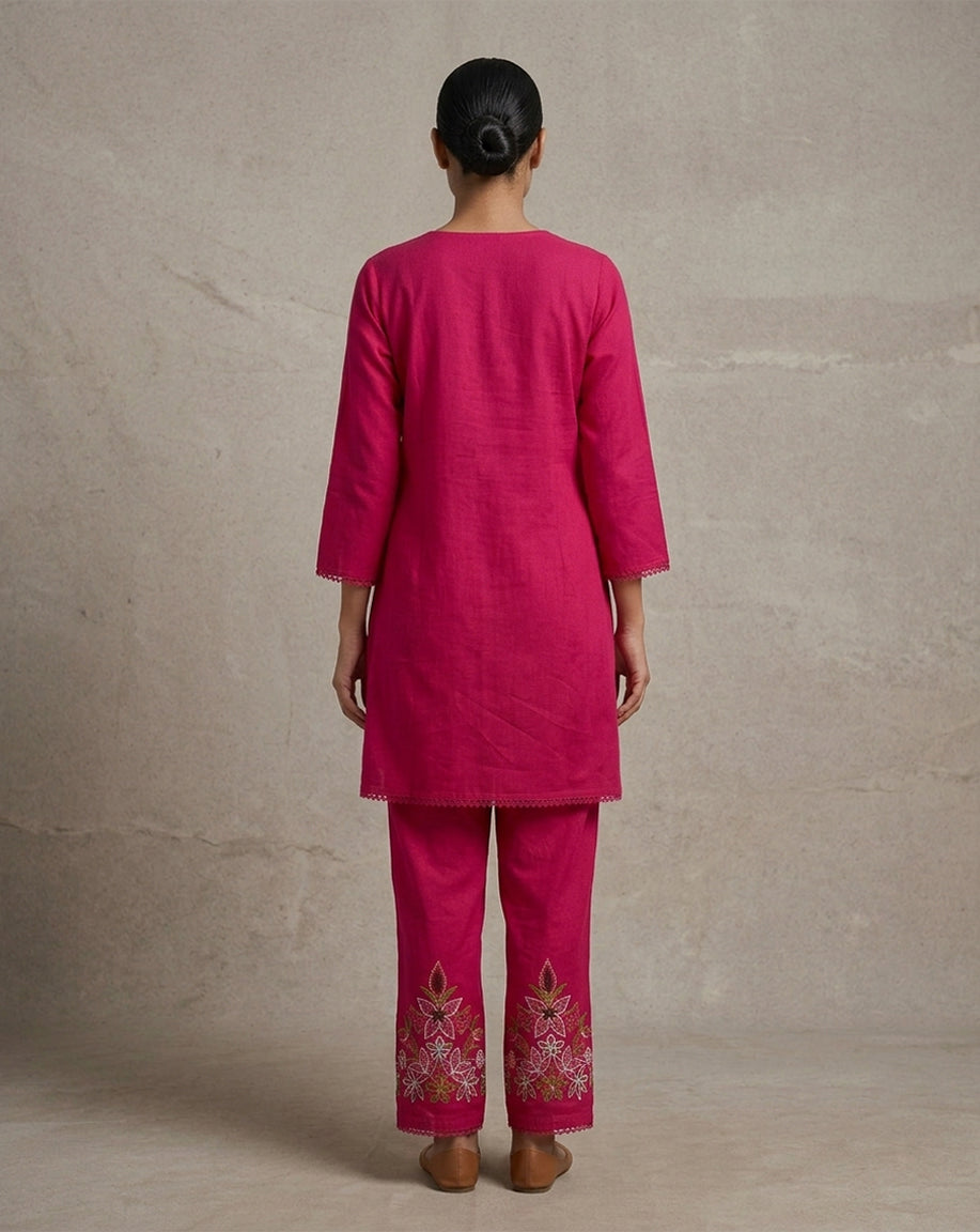 Fuchsia Pink "Botanical" Embroidered Cotton Kurta &amp; Pant Set