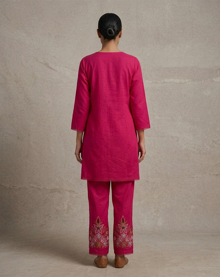 Fuchsia Pink "Botanical" Embroidered Cotton Kurta &amp; Pant Set