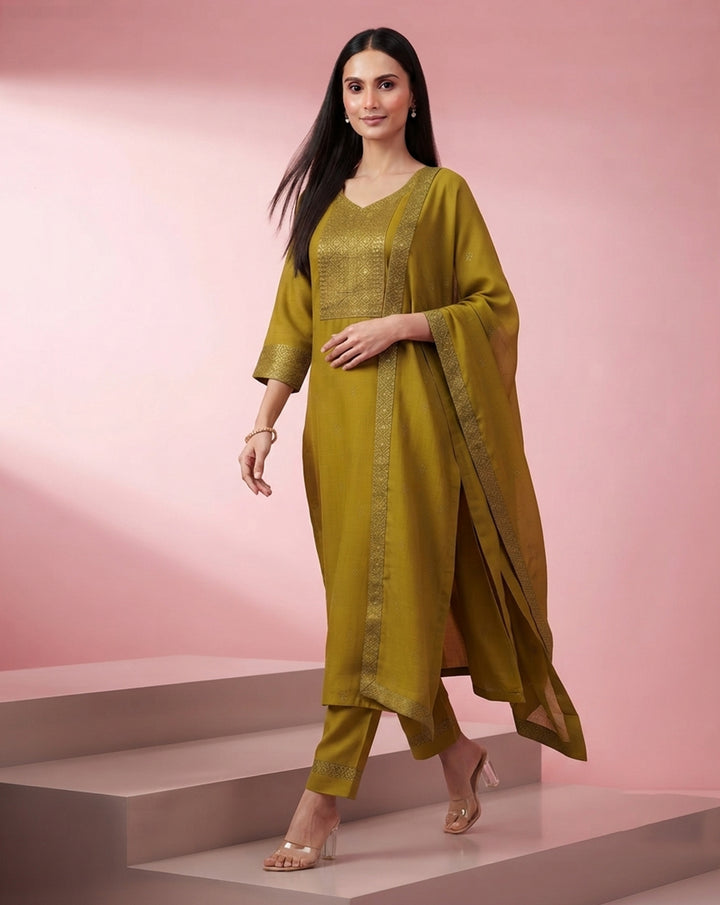 Olive Green "Heritage" Embroidered Chanderi Kurta, Pant &amp; Dupatta Set