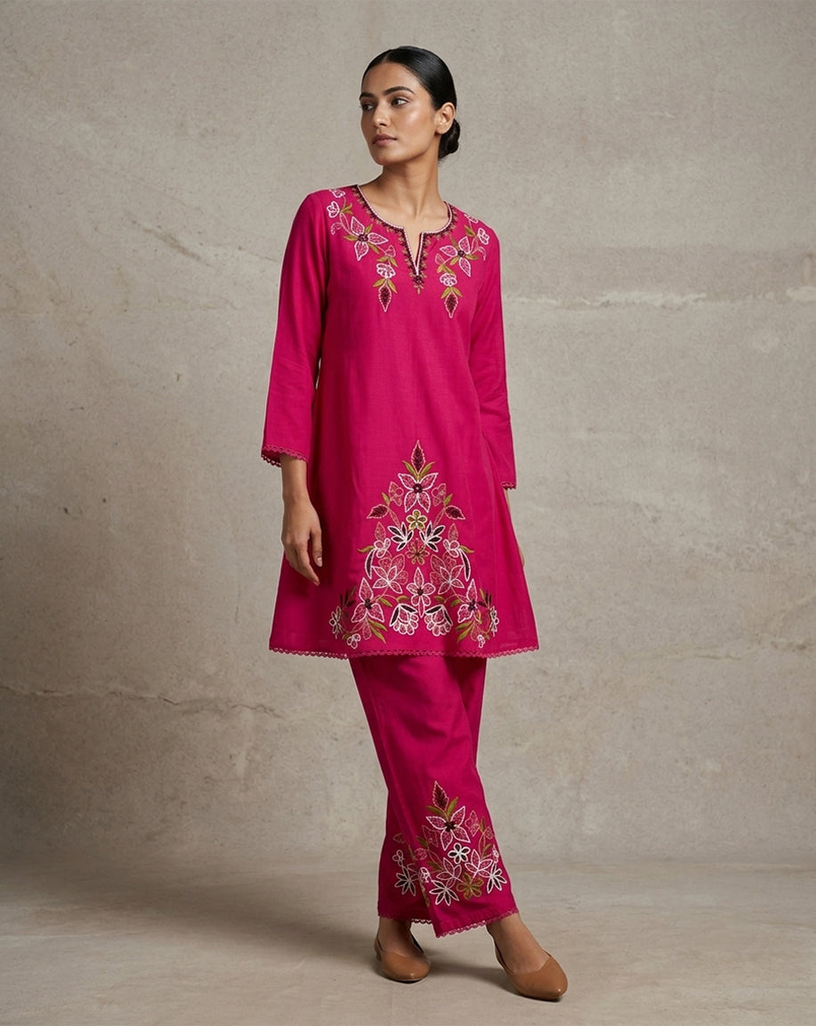 Fuchsia Pink "Botanical" Embroidered Cotton Kurta &amp; Pant Set