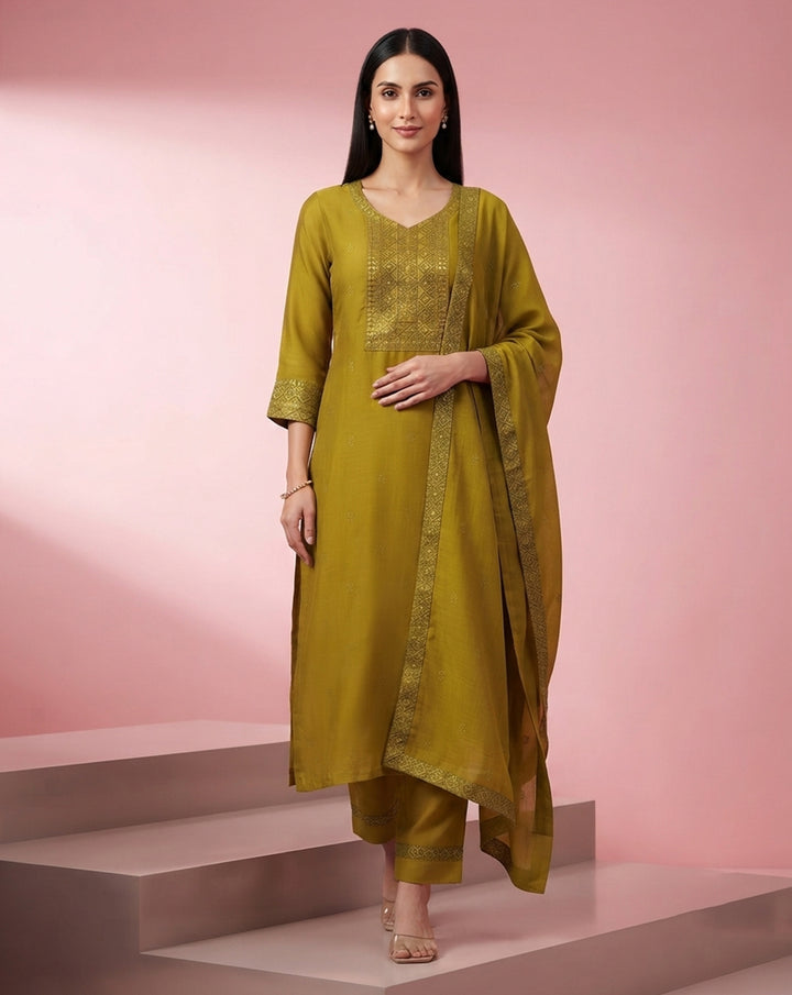 Olive Green "Heritage" Embroidered Chanderi Kurta, Pant &amp; Dupatta Set