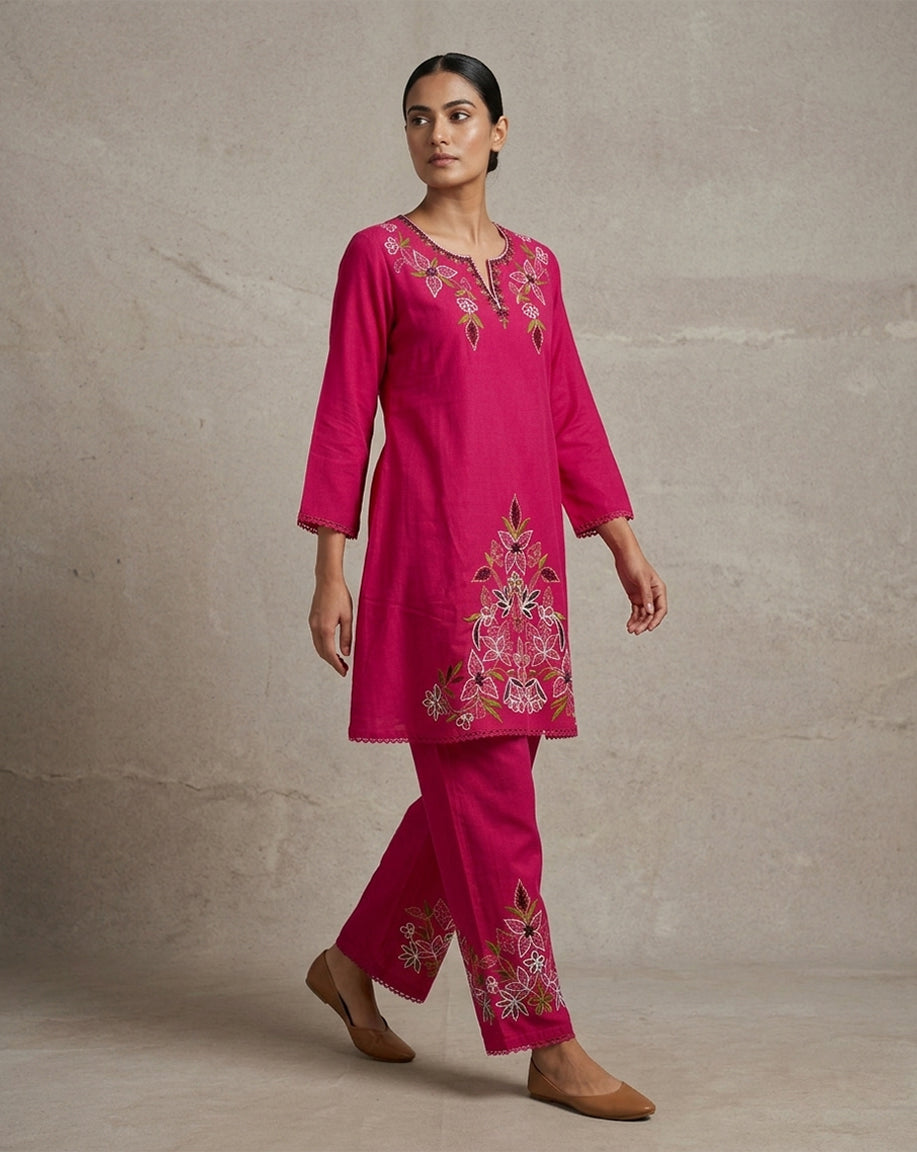 Fuchsia Pink "Botanical" Embroidered Cotton Kurta &amp; Pant Set