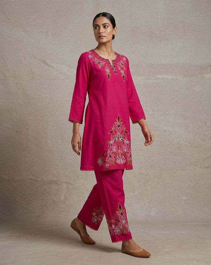 Fuchsia Pink "Botanical" Embroidered Cotton Kurta &amp; Pant Set