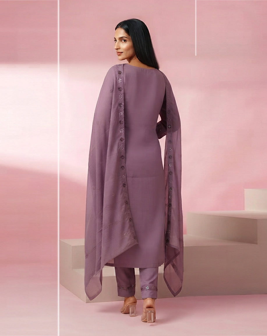 Mauve "Radiant" Embroidered Chanderi Kurta, Pant &amp; Dupatta Set
