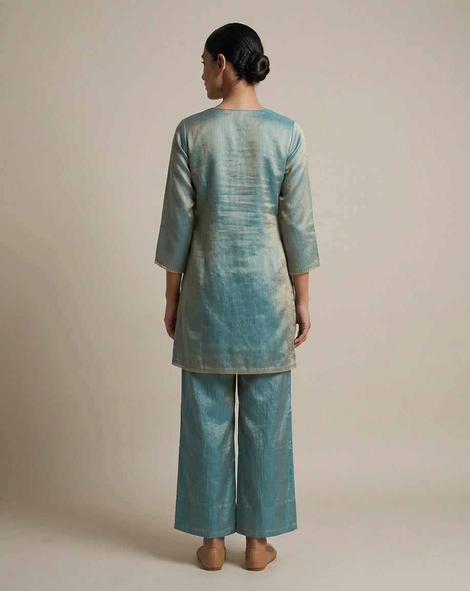 Teal Blue "Aura" Embroidered Chanderi Kurta &amp; Pant Set