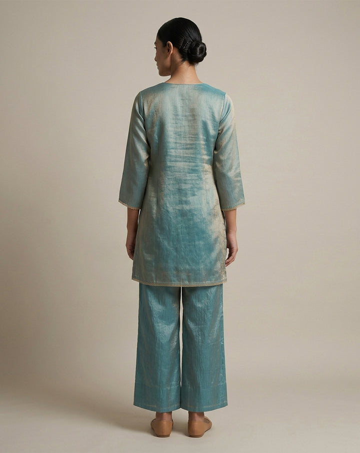 Teal Blue "Aura" Embroidered Chanderi Kurta &amp; Pant Set