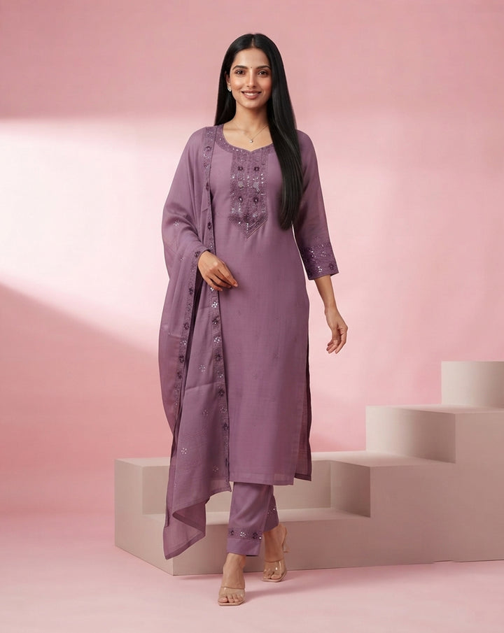 Mauve "Radiant" Embroidered Chanderi Kurta, Pant &amp; Dupatta Set
