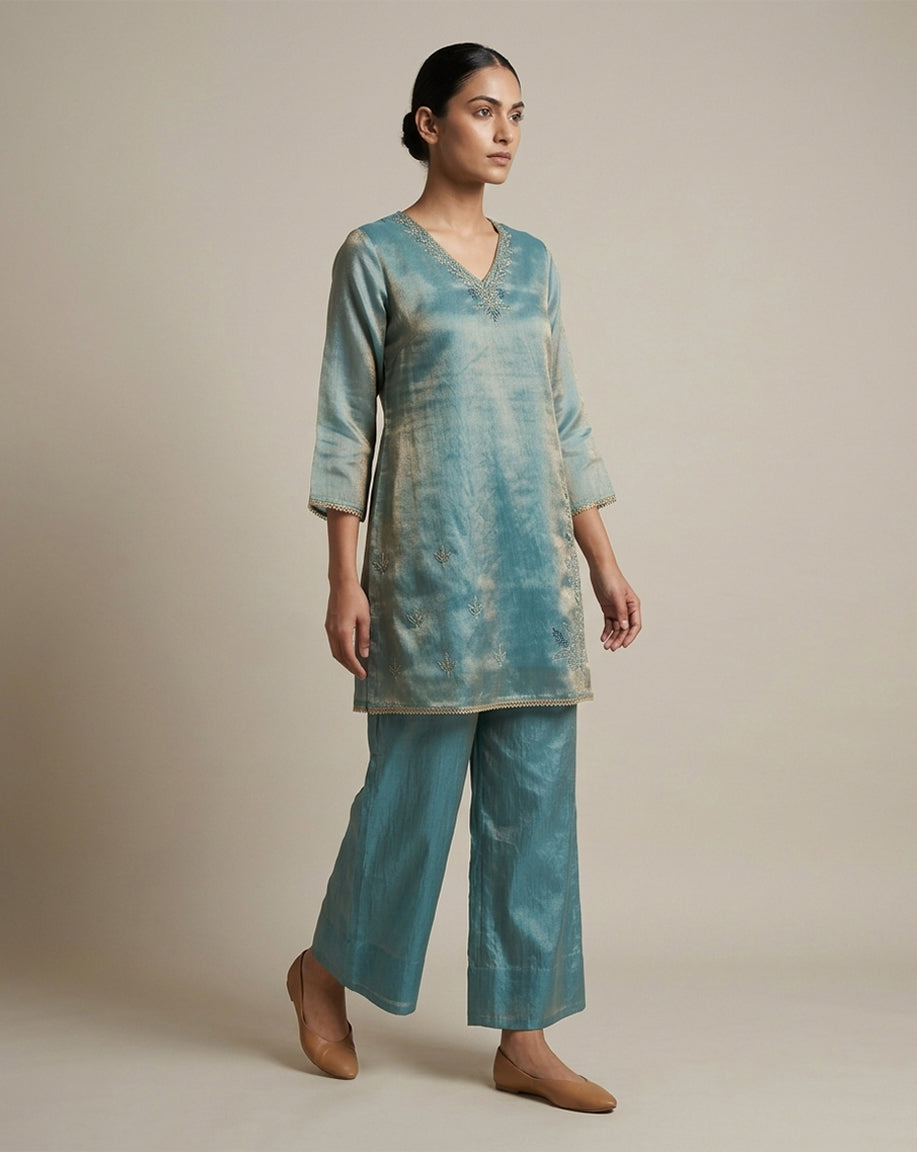 Teal Blue "Aura" Embroidered Chanderi Kurta &amp; Pant Set