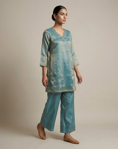 Teal Blue "Aura" Embroidered Chanderi Kurta & Pant Set