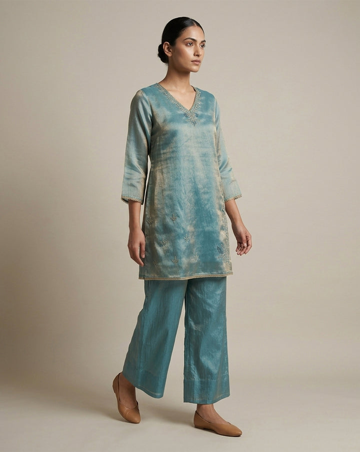 Teal Blue "Aura" Embroidered Chanderi Kurta &amp; Pant Set