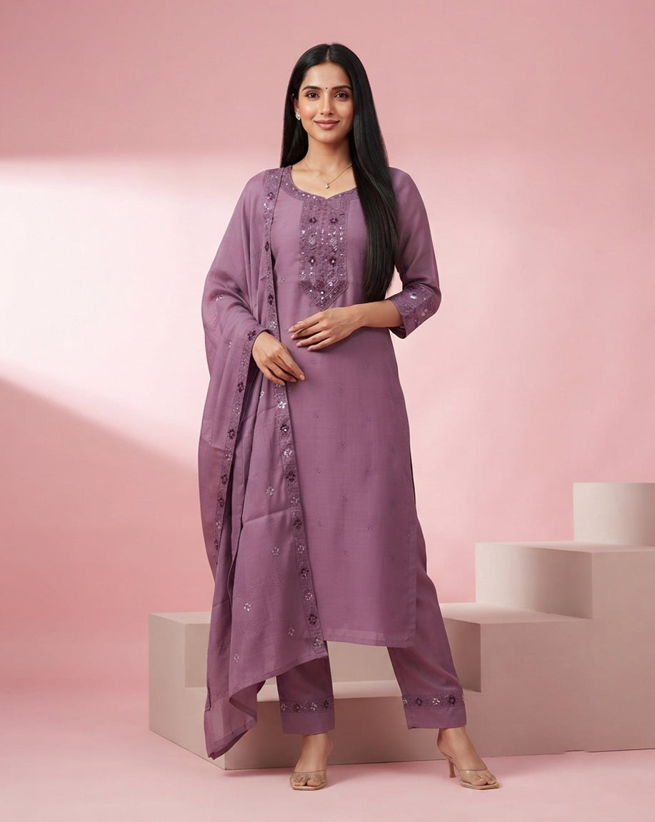 Mauve "Radiant" Embroidered Chanderi Kurta, Pant &amp; Dupatta Set
