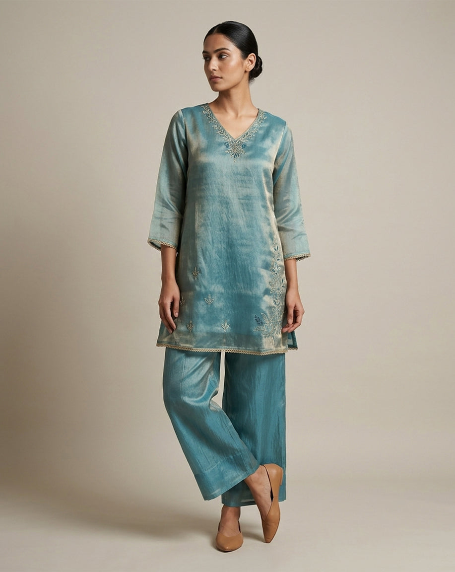 Teal Blue "Aura" Embroidered Chanderi Kurta &amp; Pant Set