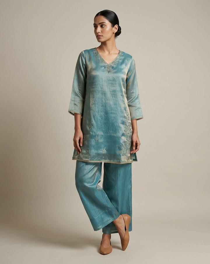 Teal Blue "Aura" Embroidered Chanderi Kurta &amp; Pant Set