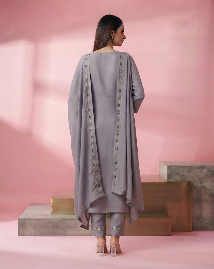 Grey "Ethereal" Mirror-Work Chanderi Kurta, Pant &amp; Dupatta Set