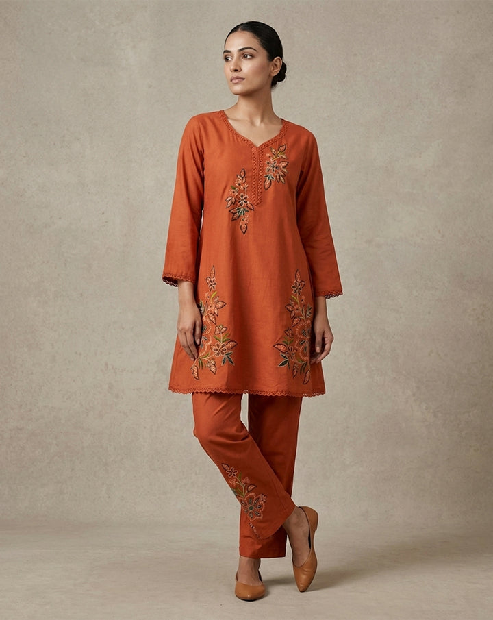 Rust Orange "Botanical" Embroidered Cotton Kurta &amp; Pant Set