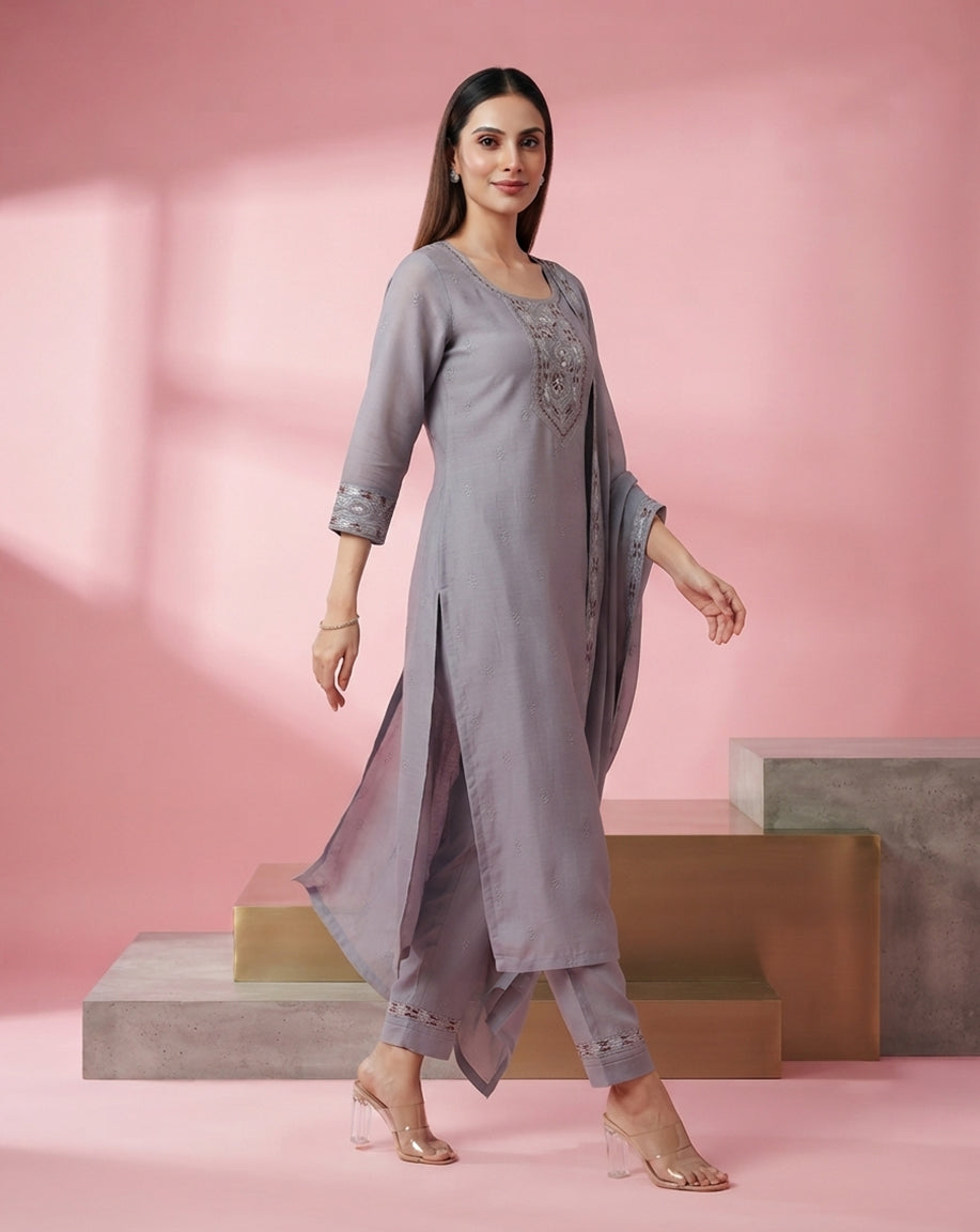 Grey "Ethereal" Mirror-Work Chanderi Kurta, Pant &amp; Dupatta Set