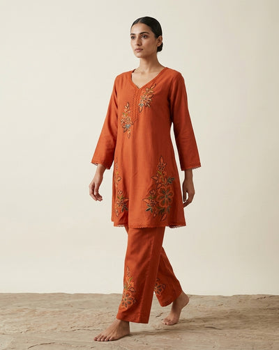 Rust Orange "Botanical" Embroidered Cotton Kurta & Pant Set