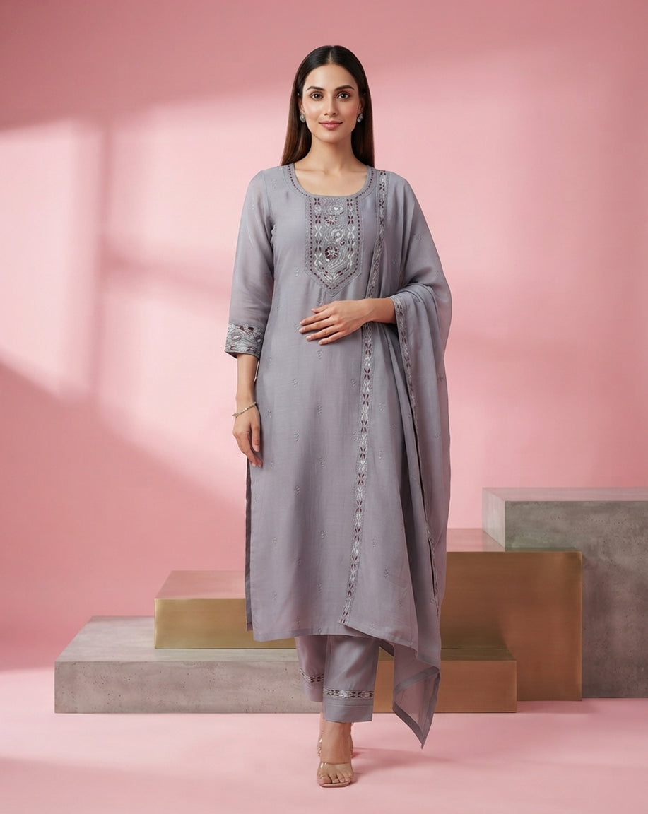 Grey "Ethereal" Mirror-Work Chanderi Kurta, Pant &amp; Dupatta Set