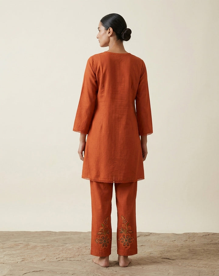 Rust Orange "Botanical" Embroidered Cotton Kurta &amp; Pant Set