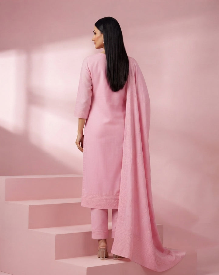 Pastel Pink "Grace" Embroidered Chanderi Kurta, Pant &amp; Dupatta Set