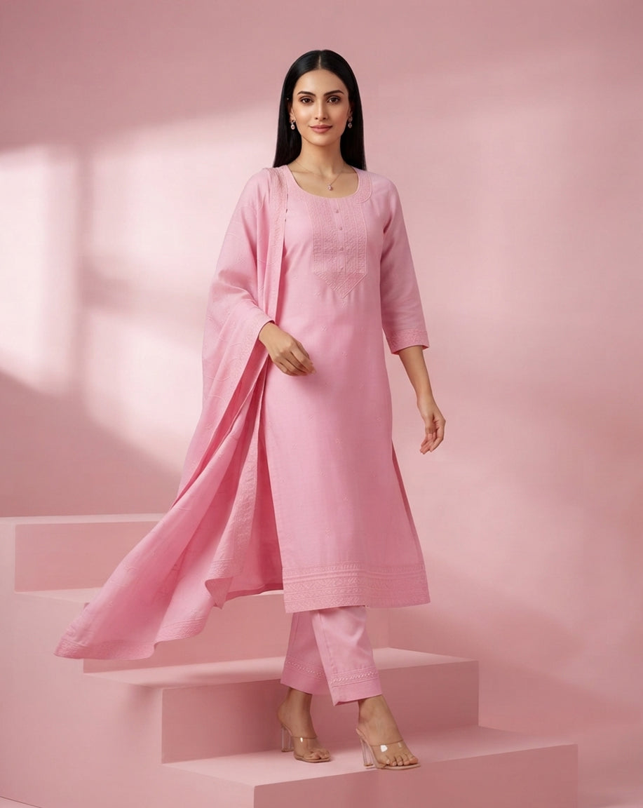 Pastel Pink "Grace" Embroidered Chanderi Kurta, Pant &amp; Dupatta Set
