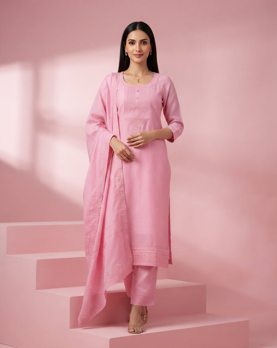 Pastel Pink "Grace" Embroidered Chanderi Kurta, Pant &amp; Dupatta Set