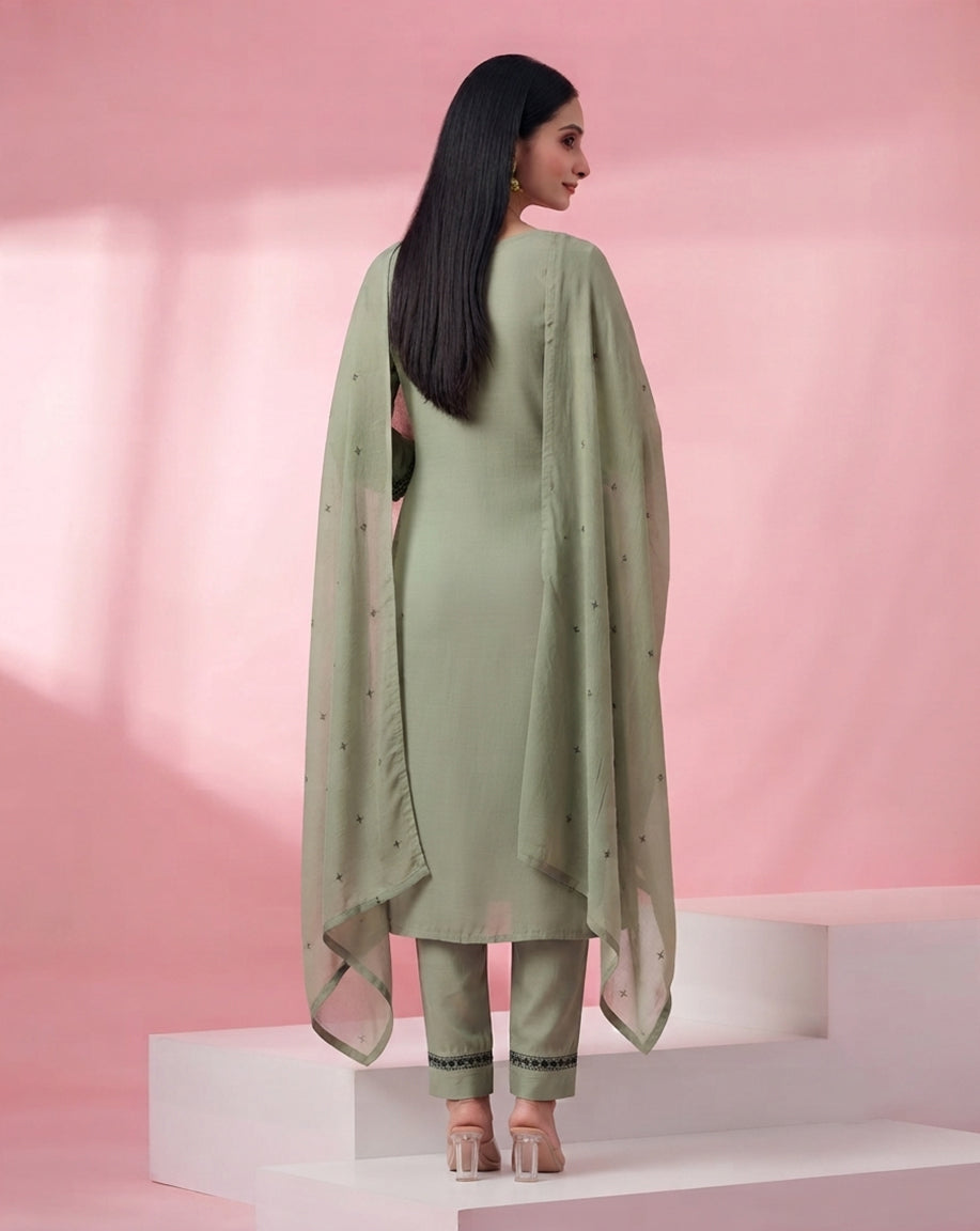 Sage Green "Heritage" Embroidered Chanderi Kurta, Pant &amp; Dupatta Set