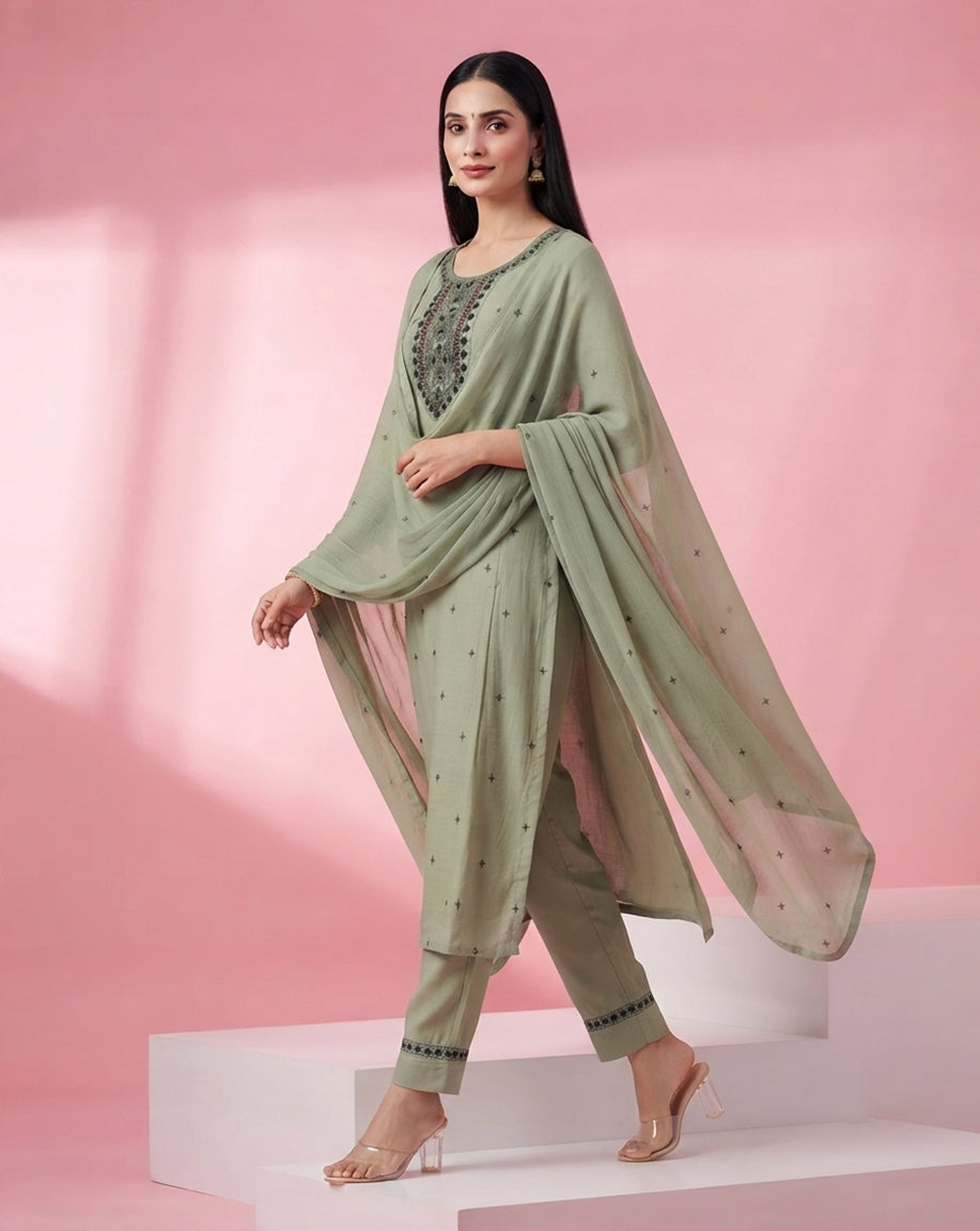 Sage Green "Heritage" Embroidered Chanderi Kurta, Pant &amp; Dupatta Set