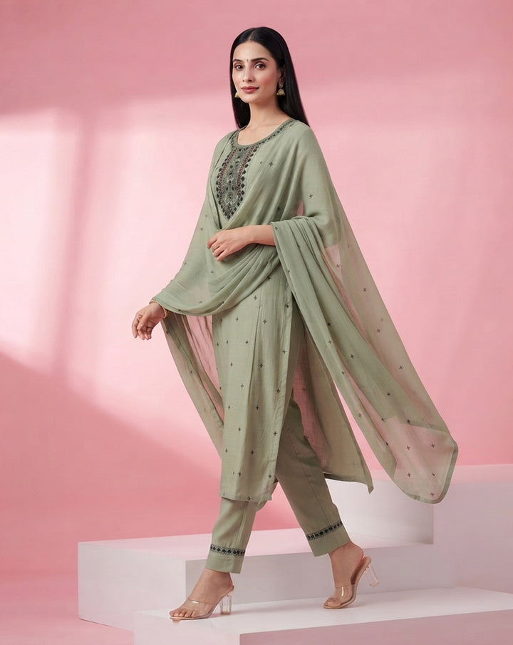 Sage Green "Heritage" Embroidered Chanderi Kurta, Pant &amp; Dupatta Set